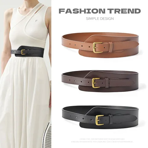 Women Genuine Leather Belt Fashion Vintage Metal Pin Buckle Wide Waist Cinch Strap For Dress Coat Clothing Accessories