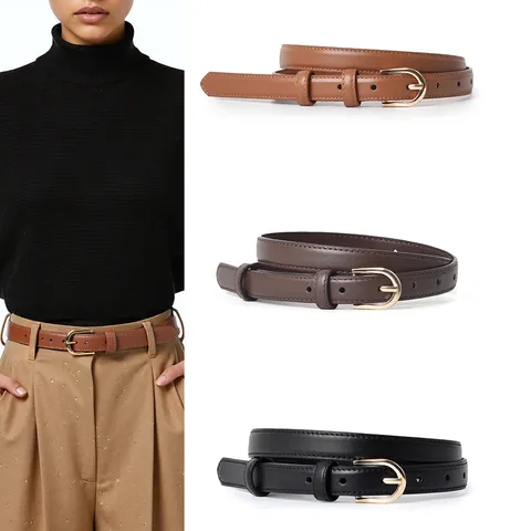 Minimalist Genuine Leather Thin Belt For Women Vintage Gold Tone Metal Buckle Versatile Dress Pants Waist Belt
