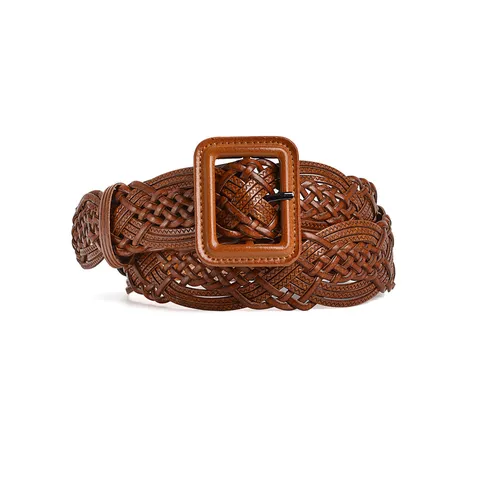 Handmade Woven Wide Belt For Women Casual Dress Solid Color PU Leather Pin Buckle Waistband