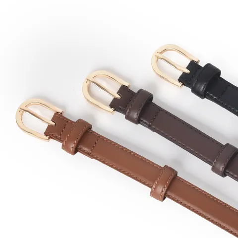 Minimalist Genuine Leather Thin Belt For Women Vintage Gold Tone Metal Buckle Versatile Dress Pants Waist Belt