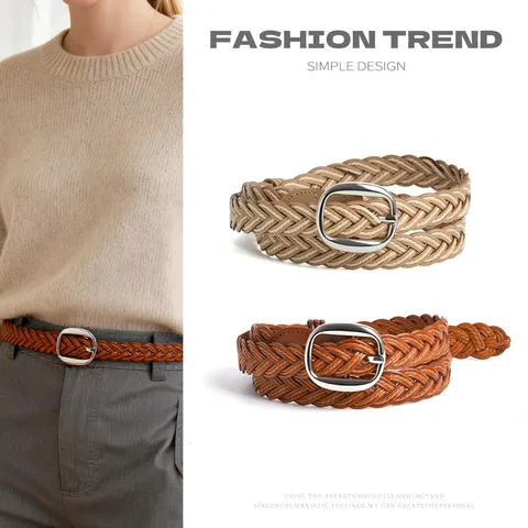 Women Woven Belt Faux Leather Retro Casual Pin Buckle Belt Adjustable Stylish Jeans Decorative Waist Belt