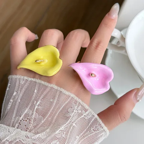 Niche Enamel Calla Lily Adjustable Ring Fashion Alloy Heart Evil Eye Parrot Rabbit Flower Open Finger Ring For Women Jewelry Gift