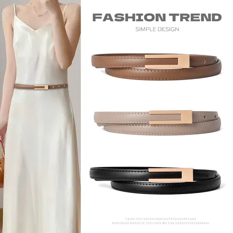 Minimalist Genuine Leather Women Belt Retro Slim Thin Waistband Alloy Pin Buckle Dress Jeans Pants Decorative Belt Accessories