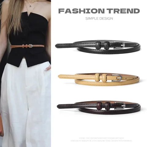Minimalist Genuine Leather Thin Belt For Women Alloy Pin Buckle Solid Color Casual Dress Jeans Waist Belt Accessory