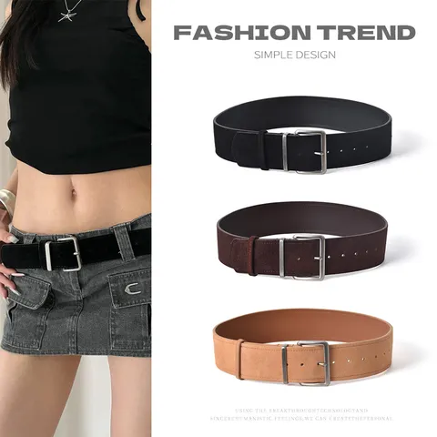 Women Casual Genuine Leather Belt Minimalist Alloy Pin Buckle Solid Color Wide Belt For Dress Fashion Accessories
