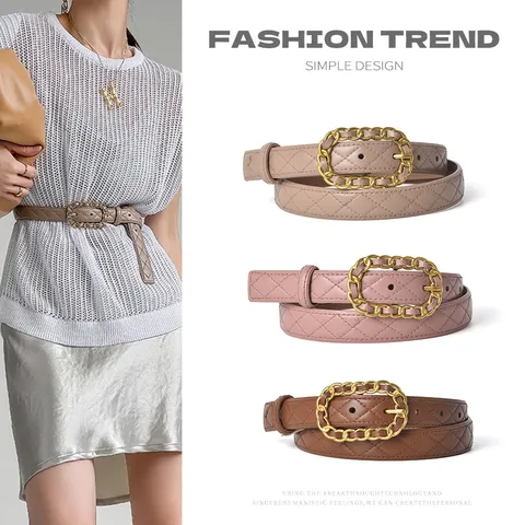 Women Genuine Leather Belt Retro Quilted Chain Buckle Elegant Casual Waist Belt Dress Pants Belt Fashion Accessory