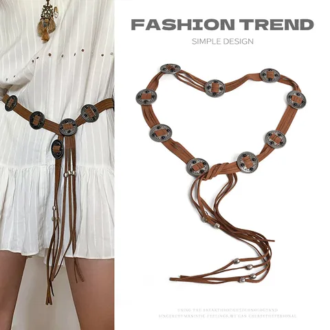 Bohemian Retro Ethnic Style Tassel Waist Belt Women Fashion Slimming PU Leather Waist Chain Dress Accessories
