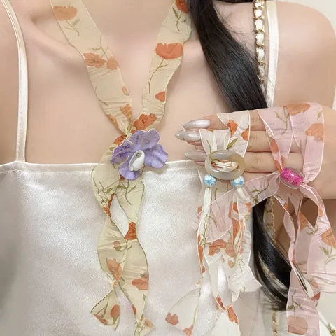 Vintage Bloemenprint Satijn Sjaal Ketting Vrouwen Kralen Bloem Lange Ketting Lente Zomer Mode Accessoire Handgemaakte Stof Trui Ketting Sieraden