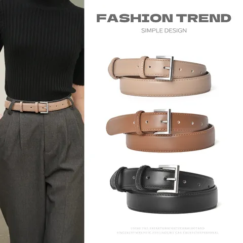 Women Genuine Leather Belt Minimalist Casual Square Metal Buckle Dress Belt For Jeans Suit Pants Fashion Waist Belt