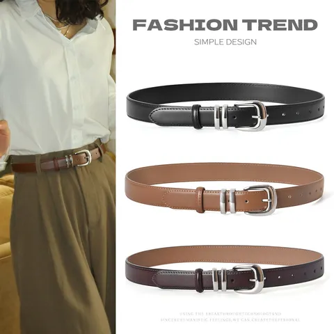 Women's Casual Cowhide Leather Belt With Silver Alloy Pin Buckle Versatile Fashion Waist Belt For Jeans Dresses