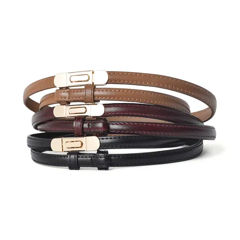 Women Genuine Leather Thin Belt Versatile Dress Suit Waistband Elegant Metal Buckle Minimalist Ladies Casual Belt