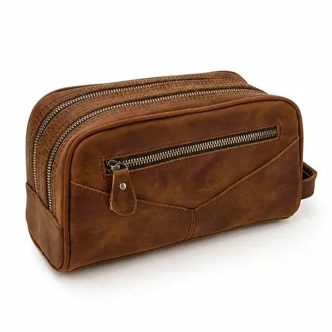 Genuine Leather Toiletry Bag Vintage Crazy Horse Cowhide Men Women Double Zipper Makeup Cosmetics Storage Clutch Bag