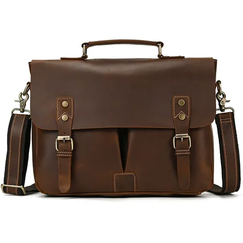 Vintage Genuine Leather Mens Briefcase Business Laptop Bag Top Layer Cowhide Shoulder Messenger Bag With Metal Buckles