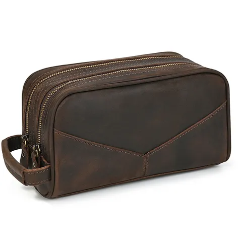 Genuine Leather Toiletry Bag Vintage Crazy Horse Cowhide Men Women Double Zipper Makeup Cosmetics Storage Clutch Bag