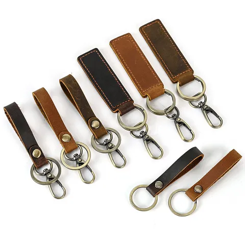 Vintage Genuine Leather Keychain Car Key Ring Retro Key Holder Metal Hardware Bag Pendant