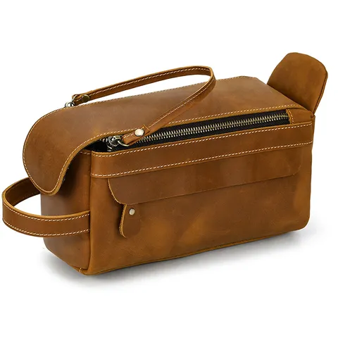 Vintage Genuine Leather Toiletry Bag Men Women Multipurpose Travel Clutch Retro Cowhide Cosmetic Storage Organizer