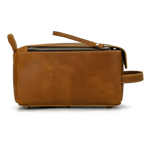 Vintage Genuine Leather Toiletry Bag Men Women Multipurpose Travel Clutch Retro Cowhide Cosmetic Storage Organizer