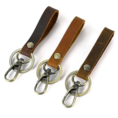 Vintage Genuine Leather Keychain Car Key Ring Retro Key Holder Metal Hardware Bag Pendant