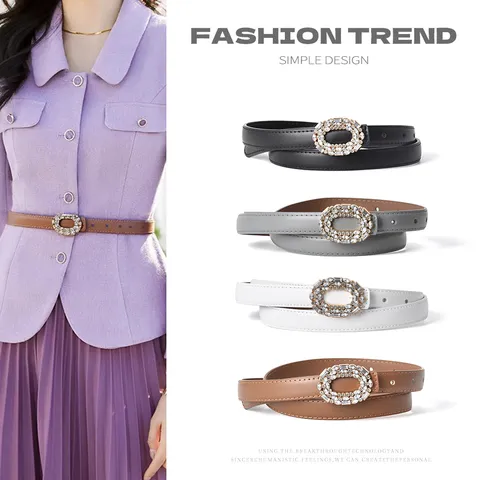 Women Leather Belt Rhinestone Round Buckle Dress Pants Decorative Belt Ladies Fashion Waist Band Casual Accessories