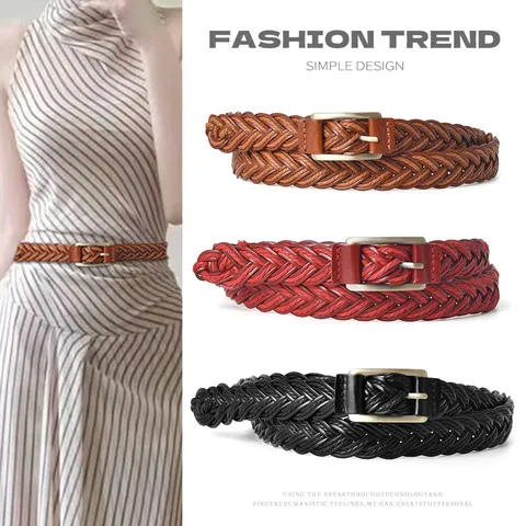 Women Vintage Woven Belt Casual Dress Pants Retro PU Leather Waist Belt Elegant Fashion Ladies Accessory
