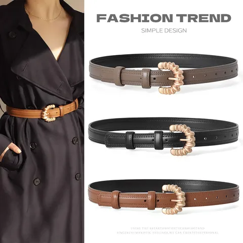 Women's Genuine Leather Belt Fashion Casual Minimalist Waistband With Irregular Metal Pin Buckle For Jeans Sweaters