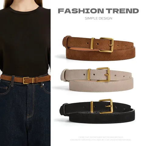 Minimalist Cowhide Leather Belt For Women Retro Pin Buckle Casual Pants Denim Skirt Fashion Decorative Waistband