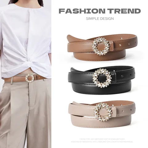 Damen Ledergürtel Strass Runde Schnalle Dünner Taillengürtel Casual Mode Jeans Kleid Bund Zubehör