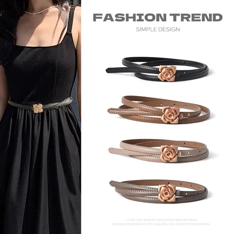 Women Genuine Leather Skinny Belt Metal Flower Buckle Thin Waist Strap For Sweater Dress Fashion Waistband