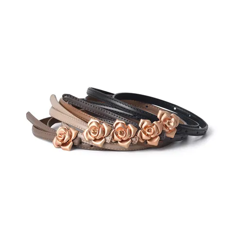 Women Genuine Leather Skinny Belt Metal Flower Buckle Thin Waist Strap For Sweater Dress Fashion Waistband