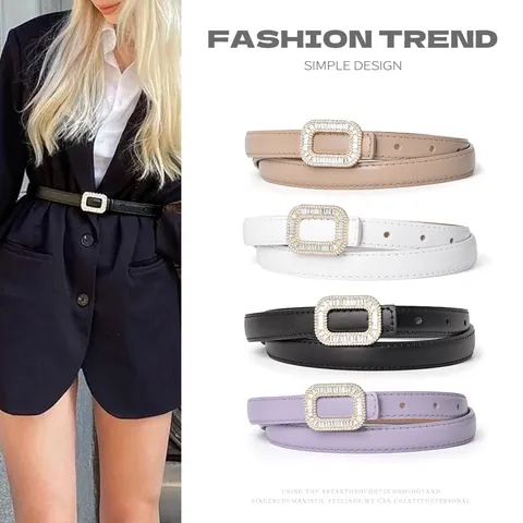 Women Rhinestone Buckle Thin Leather Belt Elegant Versatile Dress Jeans Waist Belt Fashion Accessories
