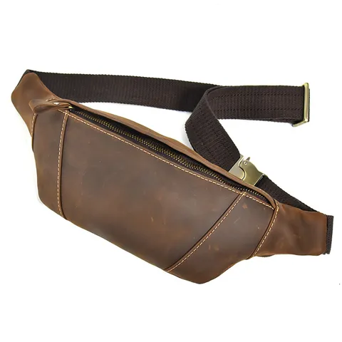 Men's Genuine Leather Waist Bag Vintage Crazy Horse Leather Chest Bag Multi-Function Crossbody Bag For Outdoor Sports Travel