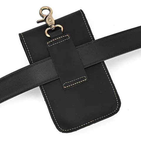 Men Vintage Top Layer Cowhide Leather Waist Bag Multi Function Phone Pouch Outdoor Travel Belt Fanny Pack With Metal Hook