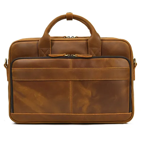 Mens Genuine Leather Briefcase Laptop Bag Vintage Crazy Horse Leather Business Commute Handbag Shoulder Bag