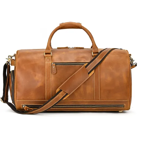 Vintage Crazy Horse Genuine Leather Travel Duffel Bag Men Large Capacity Weekender Luggage Bag With Shoe Compartment