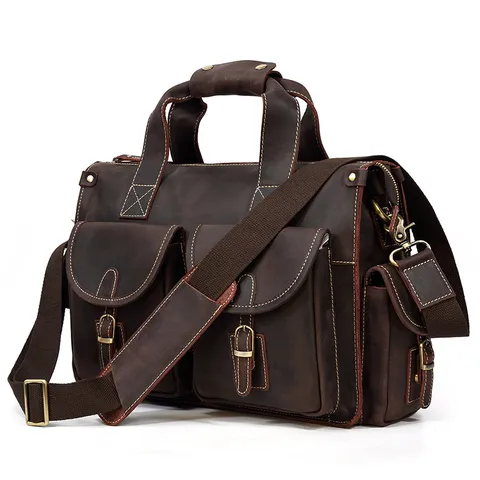 Men Vintage Crazy Horse Leather Business Briefcase Laptop Bag Multi Pocket Leather Handbag For Men