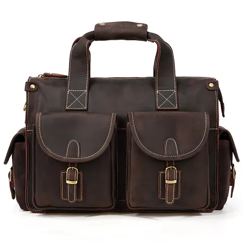 Men Vintage Crazy Horse Leather Business Briefcase Laptop Bag Multi Pocket Leather Handbag For Men