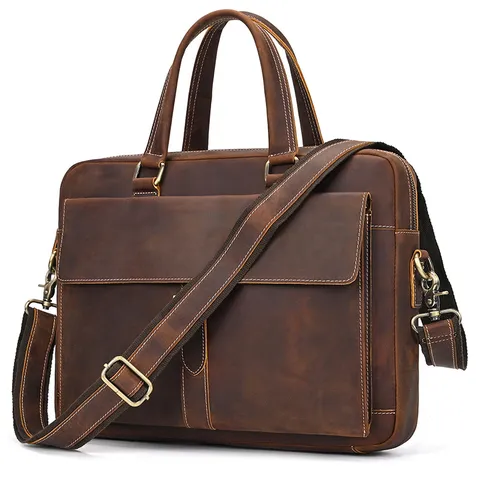 Vintage Crazy Horse Leather Mens Briefcase Large Capacity Laptop Bag Business Commuter Genuine Leather Shoulder Bag