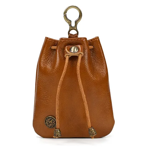 Retro Genuine Leather Mini Coin Purse For Women Men Minimalist Vegetable Tanned Leather Small Change Pouch Key Bag