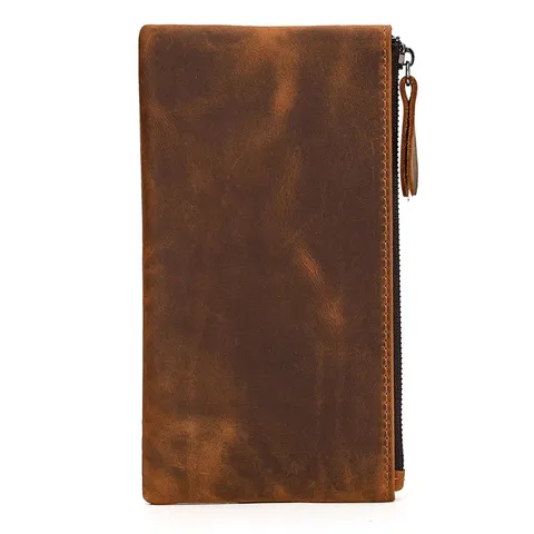 Cartera Vintage de Cuero Genuino para Hombres Mujeres Monedero Delgado con Cremallera Retro Tarjetero de Cuero de Vaca