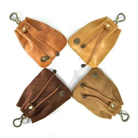 Retro Genuine Leather Mini Coin Purse For Women Men Minimalist Vegetable Tanned Leather Small Change Pouch Key Bag