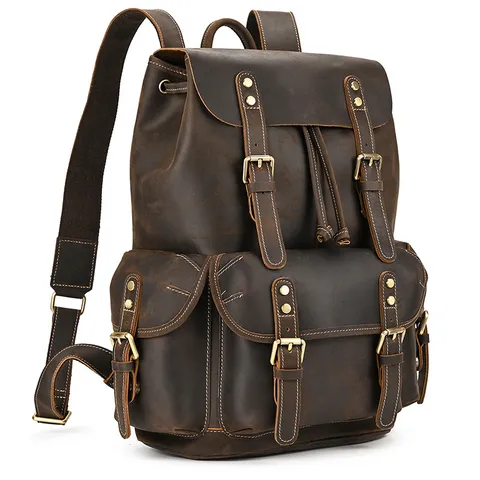 Men Vintage Genuine Leather Backpack Large Capacity Business Travel Laptop Bag Cowhide Casual Rucksack