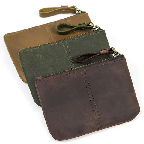 Vintage Genuine Cowhide Leather Coin Purse Small Zipper Card Holder Retro Minimalist Pouch Wallet For Men Women