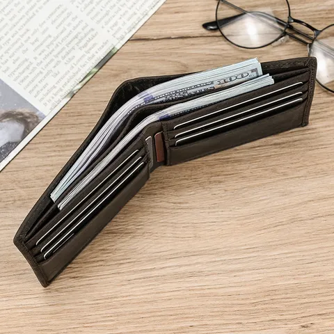 Cartera Bifold de Cuero de Vaca de Primera Capa Vintage para Hombre Ranuras Múltiples Tarjetas Casual Retro Bolsillo Corto