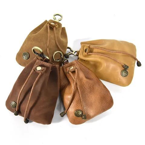 Vintage Handmade Top Layer Cowhide Leather Coin Purse For Women Retro Mini Change Pouch Drawstring Small Wallet Key Bag