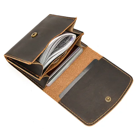 Vintage Genuine Leather Coin Purse Retro Crazy Horse Leather Short Wallet Card Holder With Snap Closure For Unisex
