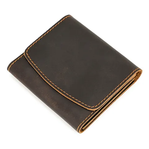 Vintage Genuine Leather Coin Purse Retro Crazy Horse Leather Short Wallet Card Holder With Snap Closure For Unisex