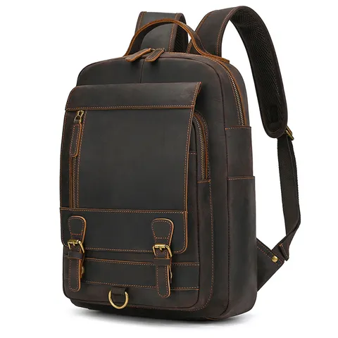 Men Vintage Genuine Leather Backpack Large Capacity Business Travel Laptop Bag Casual Retro Cowhide School Rucksack