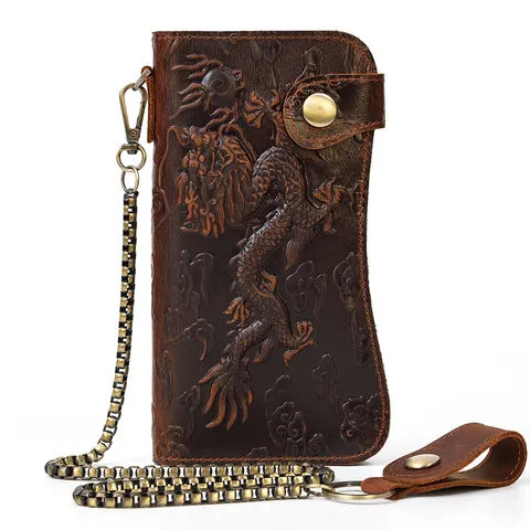 Men Genuine Leather Long Wallet Vintage Crazy Horse Cowhide Bifold Purse With Metal Chain Embossed Dragon Pattern