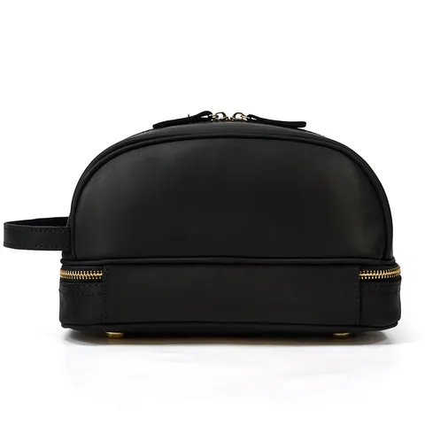 Vintage Genuine Leather Mens Clutch Bag Double Layer Toiletry Bag Multifunctional Travel Cosmetic Organizer