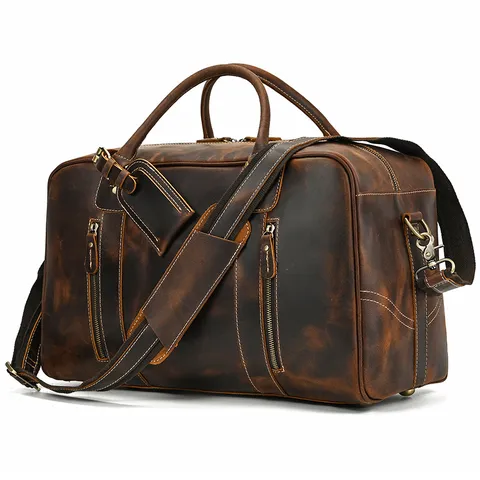 Bolsa de Viaje Vintage de Cuero Vacuno de Primera Capa Hombres Gran Capacidad Retro Business Duffle Bag Bolso Maleta